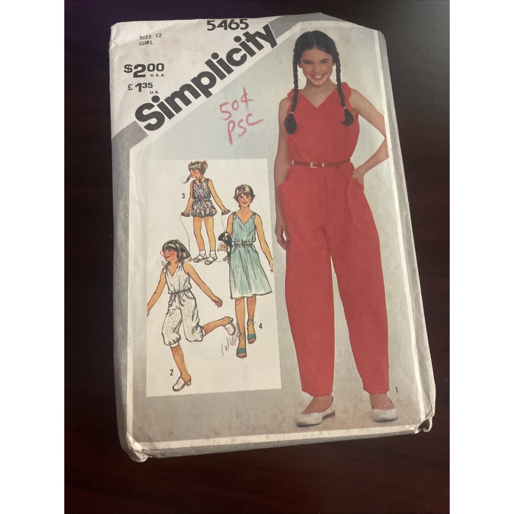 Simplicity 5465 Vintage Girls Sewing Pattern 1981 Jumpsuit Romper‎ Dress Size 12